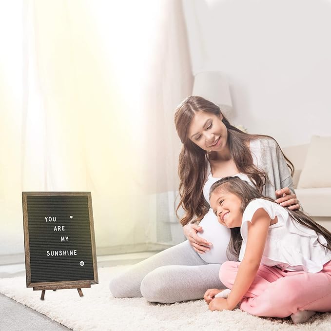 Felt Letter Board with Rustic Vintage Frame and Stand 12x16 inch, Dark Grey Changeable Letter and Message Board Includes 792 Letters, Numbers and Symbols, Hook to Hang, 2 Canvas Bags