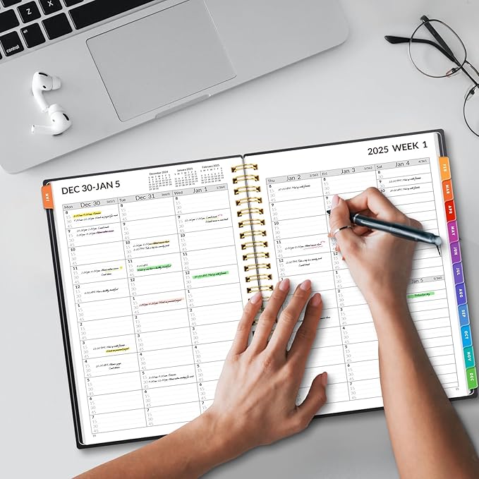 SUNEE 2025 Appointment Book, Quarter-Hourly, Weekly & Monthly - from January 2025 - December 2025, 6.4"x8.3" Weekly Planner, Flexible Cover, Note Pages, Pockets, Bookmark, Spiral Binding, Black