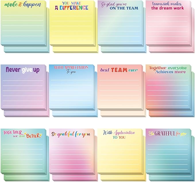 Yinder 24 Pcs Inspirational Sticky Notes with Lines Cute Motivational Sticky Notes Pad Employee Appreciation Gifts Bulk for Teacher Nurse Coworkers Office Supplies 3 x 3''(Classic Color,Thankful)