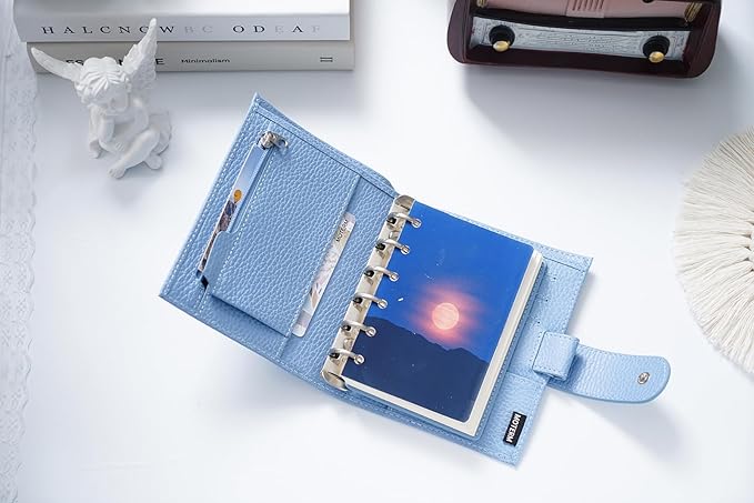 Moterm Pocket Regular Rings Planner - Genuine Leather Binder Organizer (Firm Pebbled-Sky Blue, 19mm Ring)