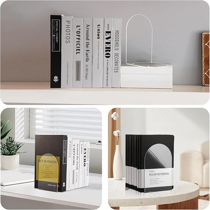 Book Ends for Shelves 8pcs Clear Acrylic Bookends for Heavy Books Organizer Book Stopper to Hold Books for Home Office School and Desktop Decoration(Circular Arc)