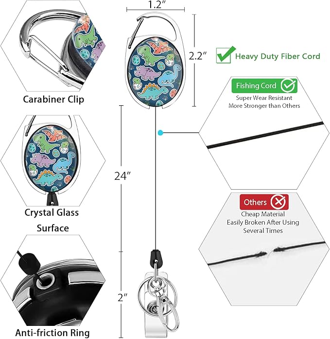 Cute Dinosaur Lanyards for Id Badges, Retractable ID Badge Holder with Detachable Lanyard, Fashionable Badge Reel Heavy Duty with Carabiner Clip, Nurse Teacher Office Gifts