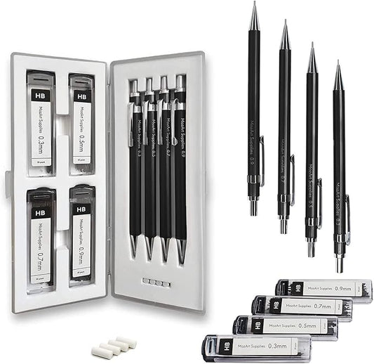 MozArt Mechanical Pencil Set with Case - 4 Sizes: 0.3, 0.5, 0.7 & 0.9mm with 30 HB Lead Refills Each & 4 Eraser Refills -Sketch, Drafting, Art, Drawing Supplies (Black)