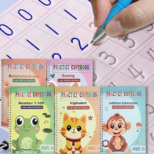 Magic Grooved Practice Copybook 5 Pack with Pens, Groove Reusable Magical Handwriting Workbooks, Tracing Letters Numbers, Math, Kindergarten Sight Words for Kids Ages 3-8 for Preschool(5books+Pens)