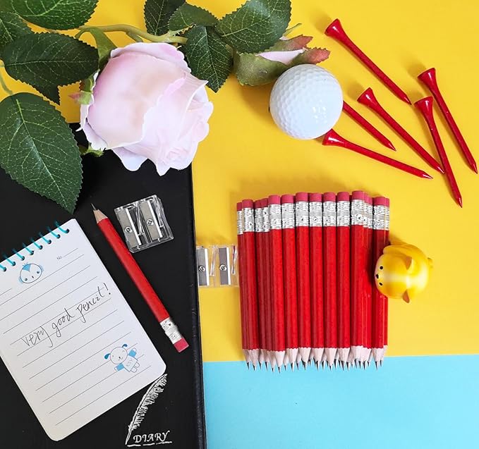 Adhere 25pcs Golf Pencils with eraser Hexagon Wooden Pencils Graphite 2B for Golf Event Scoring,Classroom,Wedding,Company Meetings,Pew, Pocket (z-Red・Round ・50pcs)