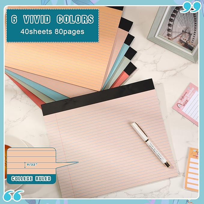 Lincia 6 Pcs 11" x 9.5" Legal Pads College Ruled Notepad Landscape Notebook Horizontal Lined Notebook 80 Gsm Assorted Colors Paper Pastel Writing Pads for School Office, 40 Sheet (Vintage Color)