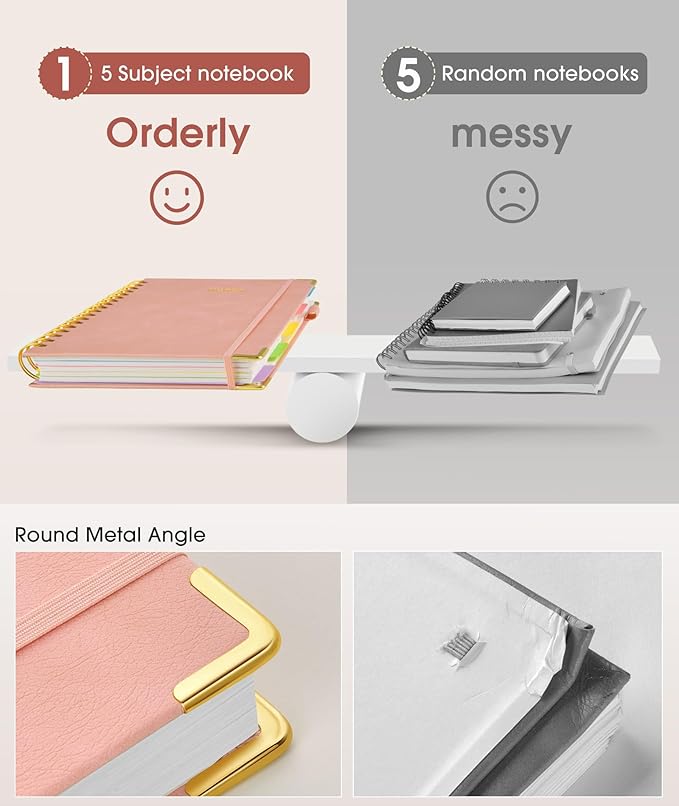 Hardcover Spiral Notebook Journal with Removable Dividers Tabs, 300 Pages Leather 5 Subject Notebook College Ruled, 8"x10" Large B5 Notebooks for Work School Note taking, Lined Journal for Women, Pink