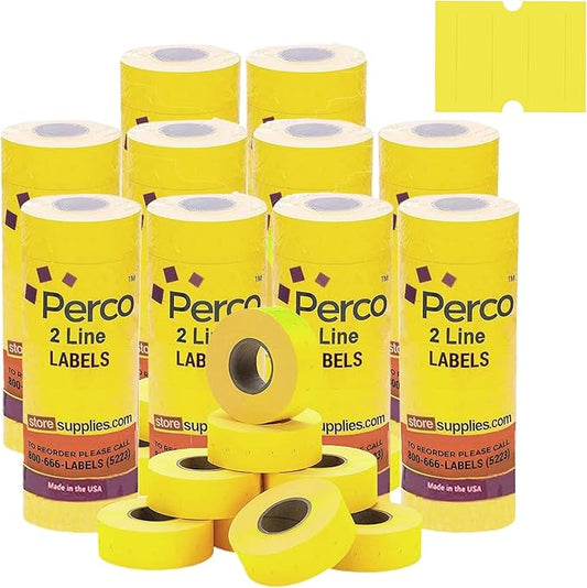 Perco 2 Line Yellow Labels - 80 Rolls, 10 Sleeves, 80,000 Blank Price and Date Gun Labels for Perco 2 Line Price and Date Guns - Made in USA