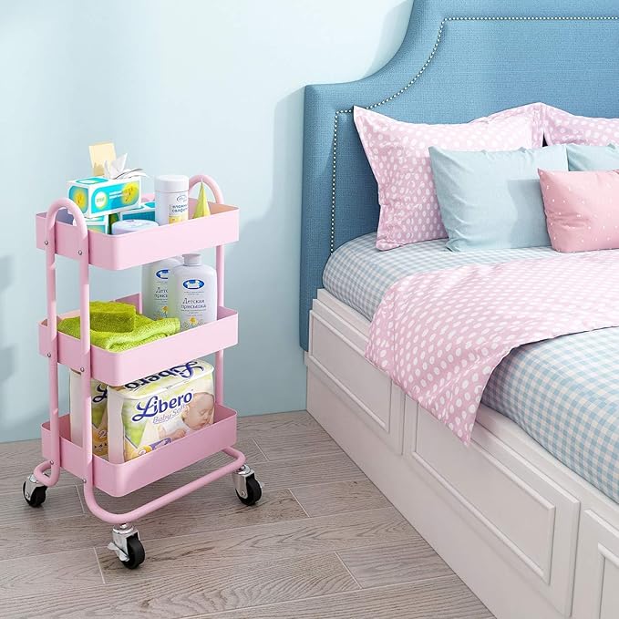 3-Tier Pink Utility Rolling Cart,Kitchen Storage Carts with Wheels,Pink Metal Rolling Cart for Office,Home,Kitchen,Garden๏ผ13.4"x18.1"x31"๏ผ Pink