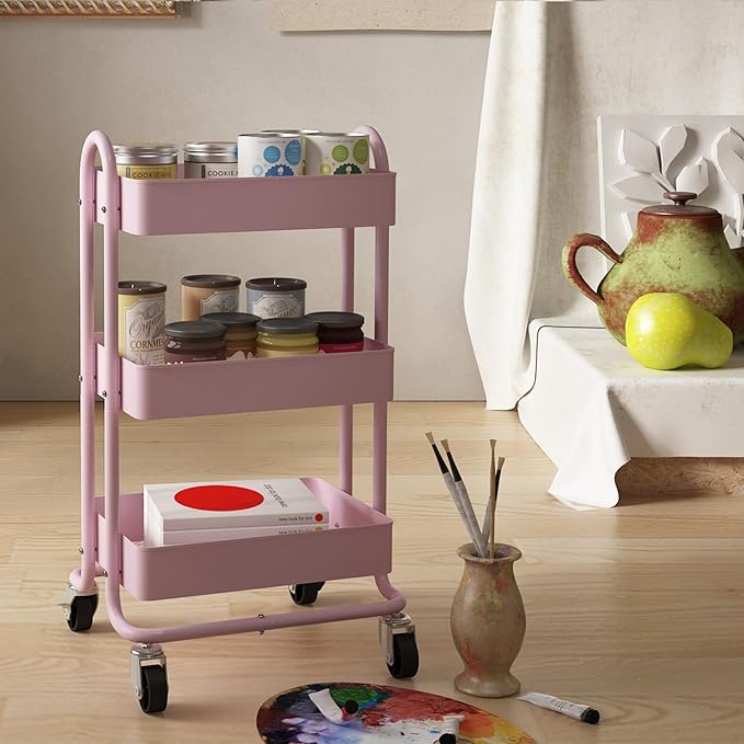 3-Tier Pink Utility Rolling Cart,Kitchen Storage Carts with Wheels,Pink Metal Rolling Cart for Office,Home,Kitchen,Garden๏ผ13.4"x18.1"x31"๏ผ Pink
