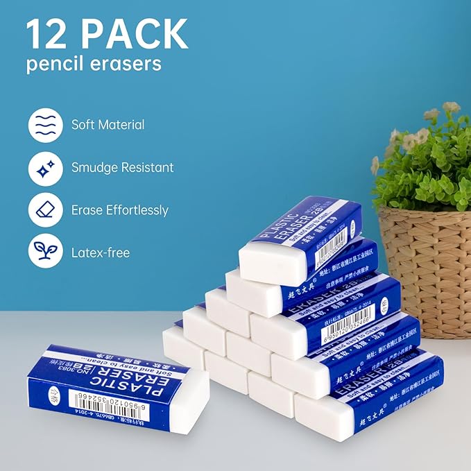 12 Pack Pencil Erasers, Large White Erasers for School, Art Erasers for Kids Drawing Bulk