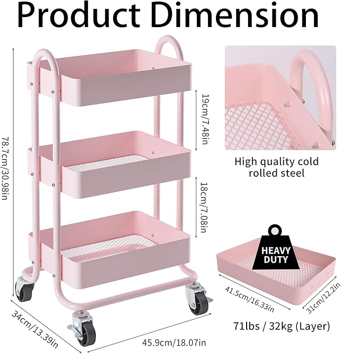3-Tier Pink Utility Rolling Cart,Kitchen Storage Carts with Wheels,Pink Metal Rolling Cart for Office,Home,Kitchen,Garden๏ผ13.4"x18.1"x31"๏ผ Pink