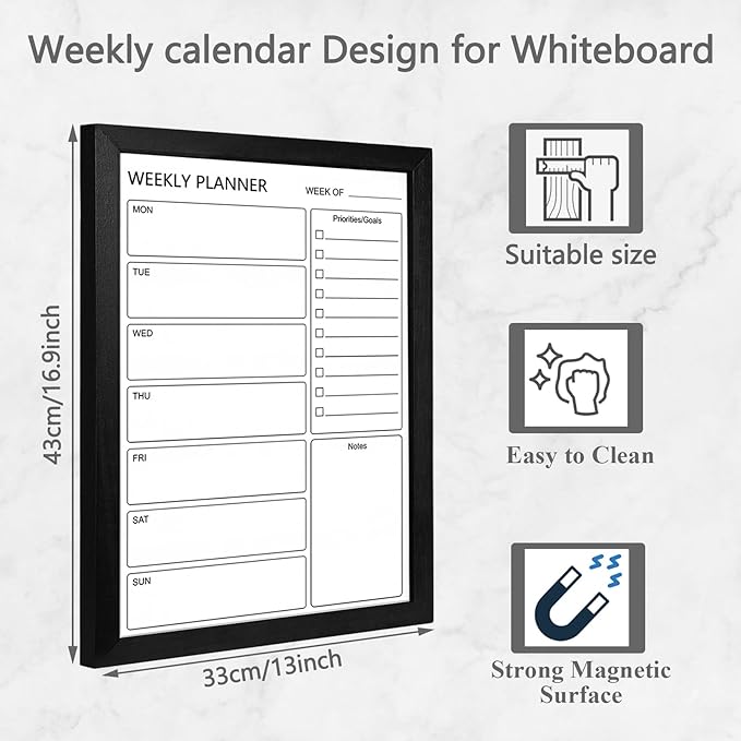 Dry Erase White Board Weekly Calendar Board, Magnetic Whiteboard for Wall,13“x17 Solid Wood Black Framed Message Board, Planner Board for Office, Home, School(Weekly-BB-BK-3343