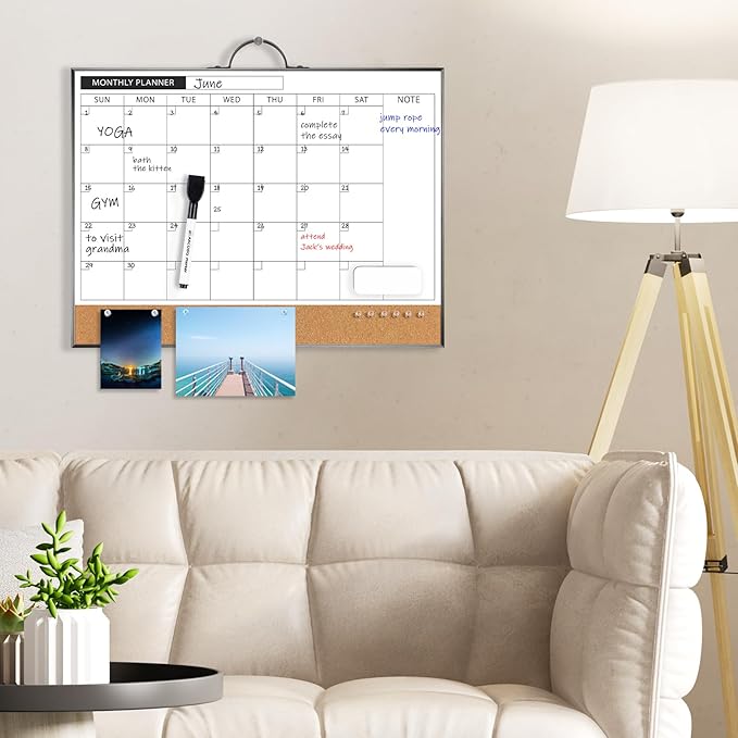 ARCOBIS Monthly Calendar Whiteboard Dry Erase Cork Board Combination for Wall, 12"x16" Magnetic Dry Erase Board, Double-Sided White Board, Portable Board for Planning, Office, School, Home, Black
