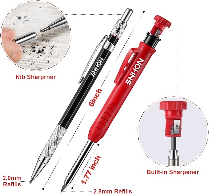 Enhon 6PCS Carpenters Pencils Mechanical Pencil Set with 24 Refills and Carbide Scriber Tool, Deep Hole Woodworking Pencils Joiners Pencil Carpenter Tools with Sharpener for Architect Construction