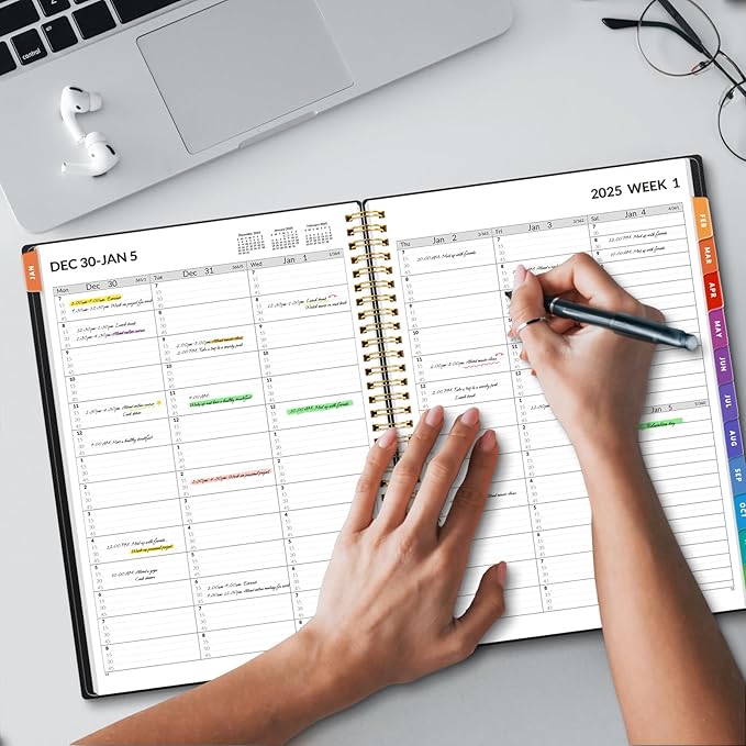 SUNEE 2025 Appointment Book, Quarter-Hourly, Weekly & Monthly - from January 2025 - December 2025, 8.5"x11" Weekly Planner, Flexible Cover, Note Pages, Pockets, Bookmark, Spiral Binding, Black