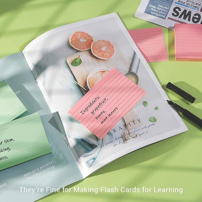 Colored Index Cards 4x6 Inch - Ruled Index Flash Cards for Studying, Lined Index Note Cards 4" x 6" with Colorful, Colored Flashcards 4x6 Notecards 3 Pack of 38 - Pink, Green