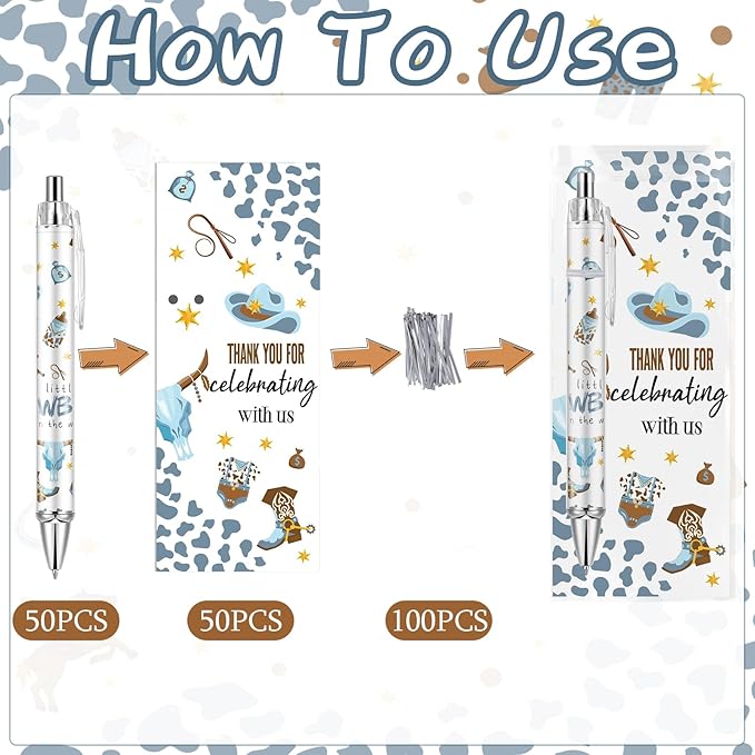 50 Sets Pen Baby Shower Favors Gifts for Guests Includes 50 Rolling Paper Ballpoint Pens and 50 Greeting Thank You Bookmarks Baby Shower Party Favors (Cowboy)