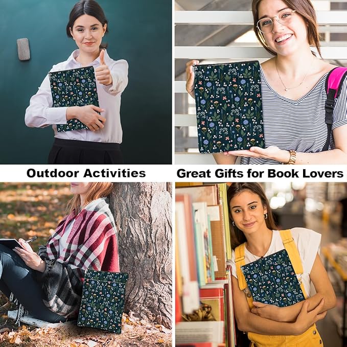 Wildflower Pattern Book Lovers Gifts Waterproof Book Sleeve Book Pouch Book Protector with Zipper and Front Pocket BookCover Case for Women Girl Readers Librarian Book Accessories Book Club Gifts