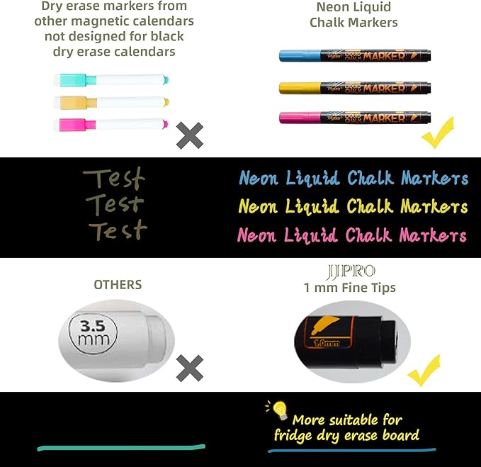 Magnetic Chalkboard Monthly Calendar with neon Bright Liquid Chalk Markers – Black Refrigerator Monthly Planning Board w/Bonus - Grocery List and Notepad for Kitchen Refrigerator