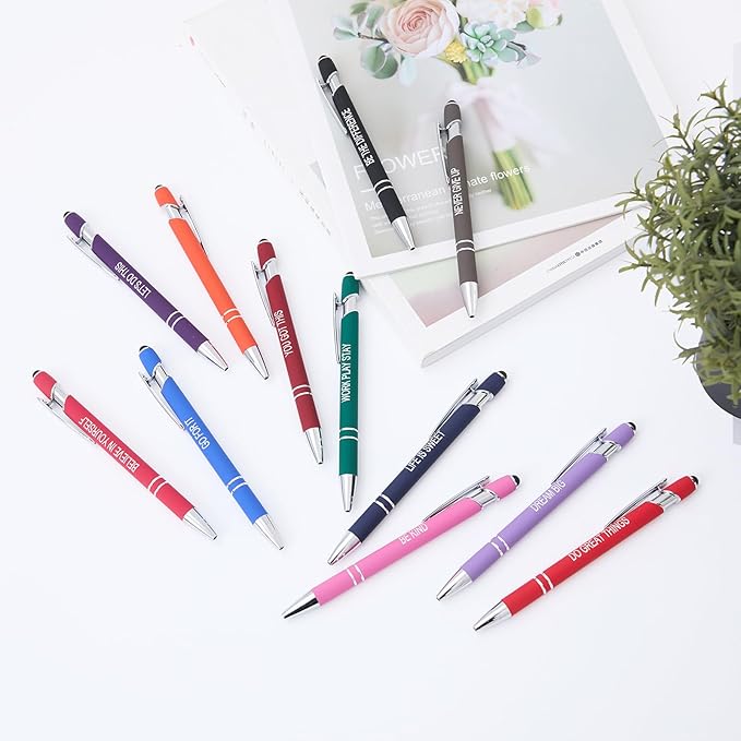 Funny Pens, 12 Pcs Pens Fine Point Smooth Writing Pens, Inspirational Ballpoint Pens with Screens Touch Stylus Tips, Black Ink 1.0 Mm Pens Gift Office Desk Accessories, Motivational Stylus Pens