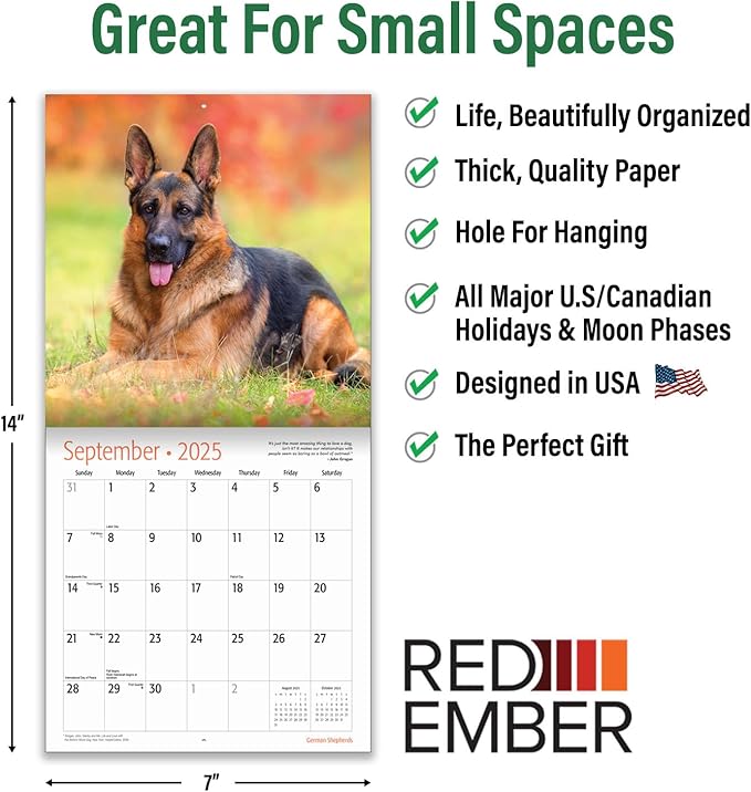 RED EMBER German Shepherds Mini 2025 Wall Calendar 12 Month | 7" x 14" Open | Thick & Sturdy Paper | Giftable | Calendar 2025