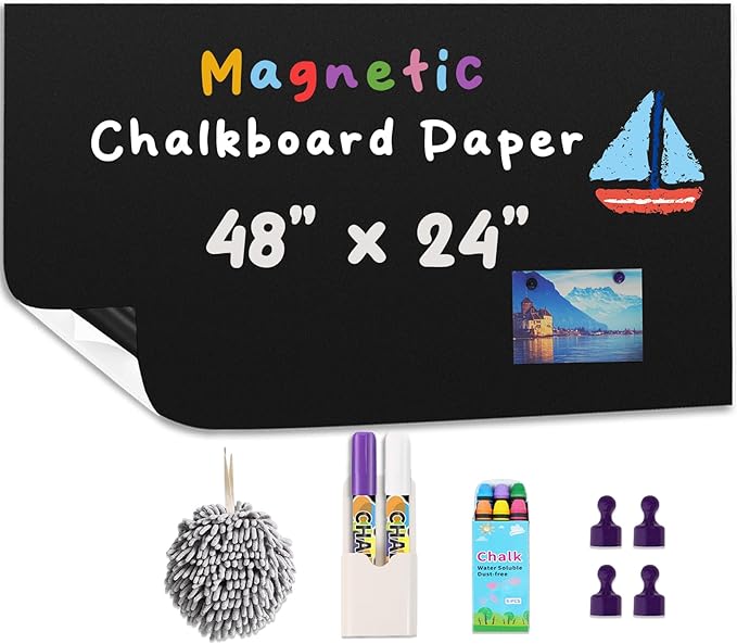 Magnetic Chalkboard Contact Paper for Wall 48" x 24" Self Adhesive Blackboard Wallpaper Peel and Stick Chalk Board Wall Decal Roll with 14 Chalk for Kids Home Playroom Classroom