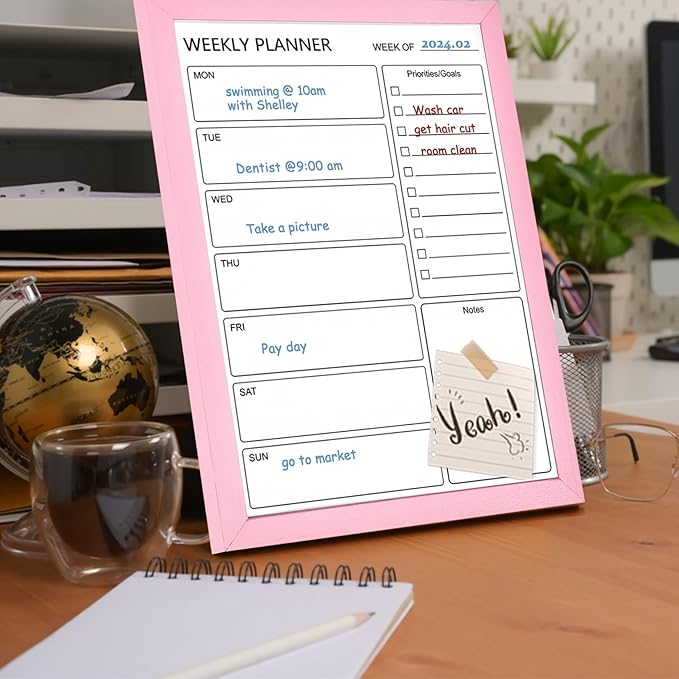 Dry Erase White Board Weekly Calendar Board, Magnetic Whiteboard for Wall,10.5“x14.5 Solid Wood Pink Framed Message Board, Planner Board for Office, Home, School(Weekly-BB-PK-2737)