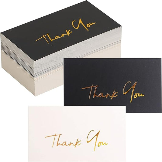Gold Mini Thank You Cards Small Business - 100 PK - Flat Card No Fold, 2 x 3.5 Inches Thank You for Your Order Cards Thank You for Your Support Cards for Wedding Black and Off White Color