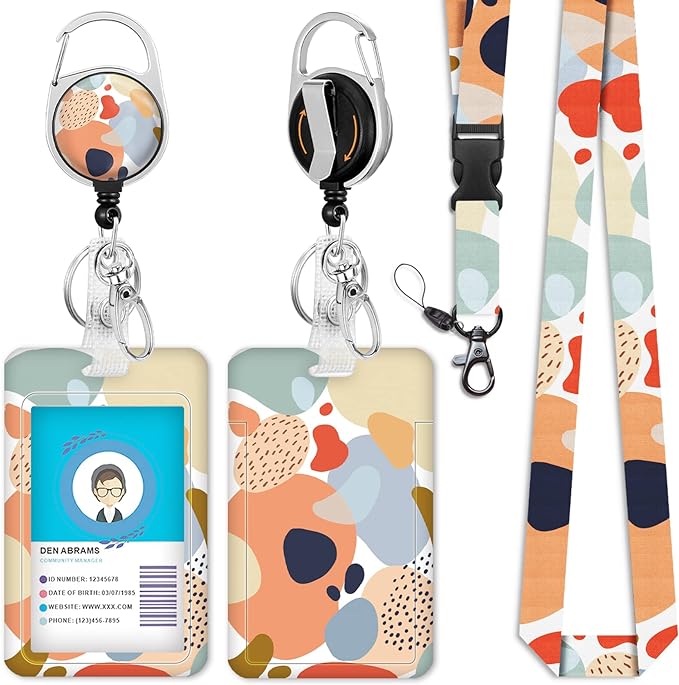 ID Badge Holder with Breakaway Lanyard, Retractable Badge Reel Heavy Duty, Cute Lanyards for ID Badges Ajustable, Teacher Nurse Work Office Gifts, Boho Abstract Art Design