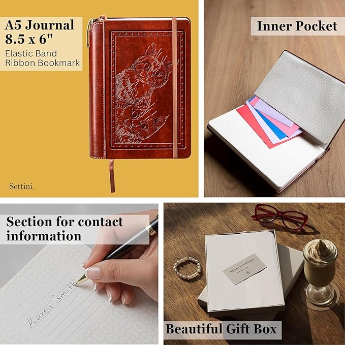 SETTINI® Lined Journal - Cat Journal for Writing Gift Set - Hardcover Vegan Leather, Includes Luxury Pen in a Unique Pen Holder, 192 Pages, 6 x 8.5 inches, Birthday Gifts for Women