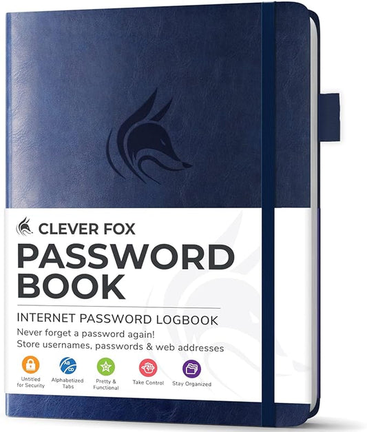 Clever Fox Password Book with Alphabetical tabs. Internet Address Organizer Logbook. Small Pocket Password Keeper for Website Logins (Dark Blue)