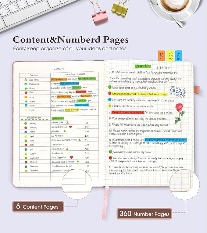 Graph Paper Notebook Journal, 360 Numbered Pages Grid Notebooks, Thick 100gsm Graphing Paper Notebook Journals for Women Men, B5 Large Hardcover Leather Graph Notebook 7.6'' X 10'' Pink