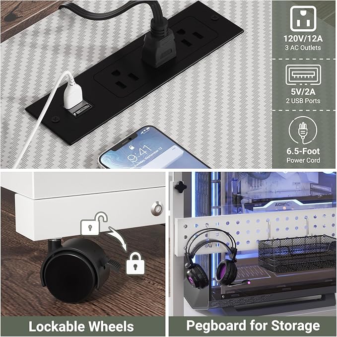Computer Tower Stand with Power Strips, Height Adjustable PC Tower Stand/Cart with Wheels, Mobile Rolling CPU Holder, Computer Cart Side Stand for Computer Desk, 24", Carbon Fiber White