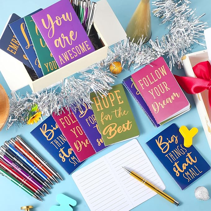 Funrous 32 Pcs Motivational Quote Pens Inspirational Notepads Mini Journal with Ballpoint Pen Small Notebooks Gift Set for Men Women Coworkers, Adult Party Favors Prizes Gift Bulk(Simple)
