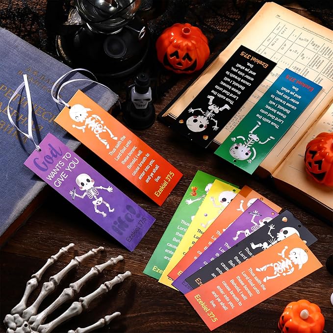 60 Pcs Halloween Skeleton Bookmark Ezekiel 37: 5 Ghost Christian Bookmarks God Wants to Give You Life VBS Exchange Gifts for Kids Adult Church School Classroom Prizes Party Favors