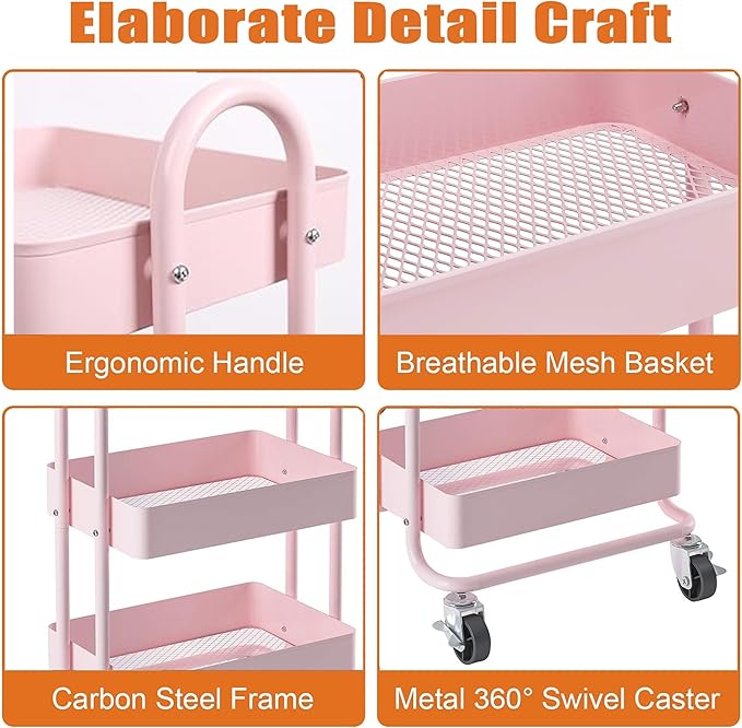 4-Tier Pink Rolling Cart,Metal Utility Rolling Cart with Handle,Multifunction Rolling Carts with Wheels,Kitchen Storage Carts Suitable for Office,Home,Kitchen,Garden๏ผ13.4"x18.1"x40"๏ผ Pink