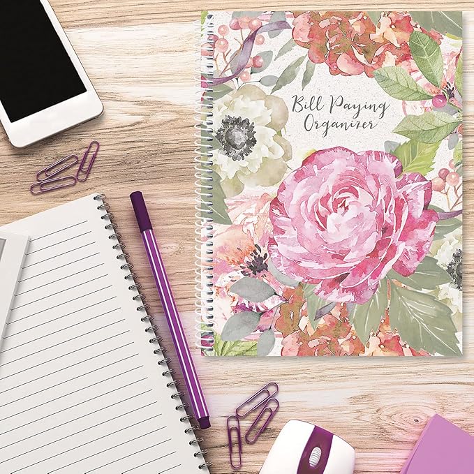 Pale Peony Bill Paying Organizer Book - Large 9" by 12 inch, Spiral-Bound, 14 Pocket Pages, 32 Label Stickers, Bill Tracking Receipt Storage