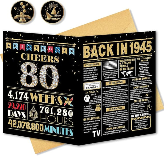 80th Birthday Card, 80th Birthday Decorations for Women Men, 80th Birthday Gifts for Dad Mom, Back in 1945 Birthday Card, Black Gold