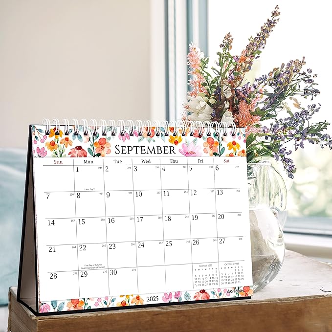 CRANBURY Standing Desk Calendar 2025 8x6 (Floral), Small Stand Up Calendar with Gorgeous Flower Designs, Compact Monthly Flip Popup Desktop Calendar