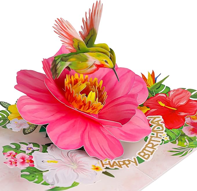 Hummingbird Pop Up Birthday Cards for Women, Beautiful Hummingbird on Flowers, Elegant, Floral 3D Happy Birthday Greeting Cards, Ideal Gift for Mom, Sister, Her, Grandma, Aunt, Daughter, Stepmother