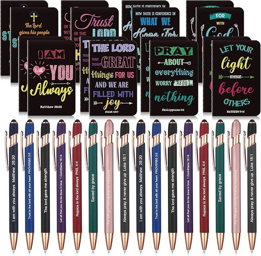Funrous 32 Pcs Motivational Quote Pens Inspirational Notepads Mini Journal with Ballpoint Pen Small Notebooks Gift Set for Men Women Coworkers, Adult Party Favors Prizes Gift Bulk(Dark)