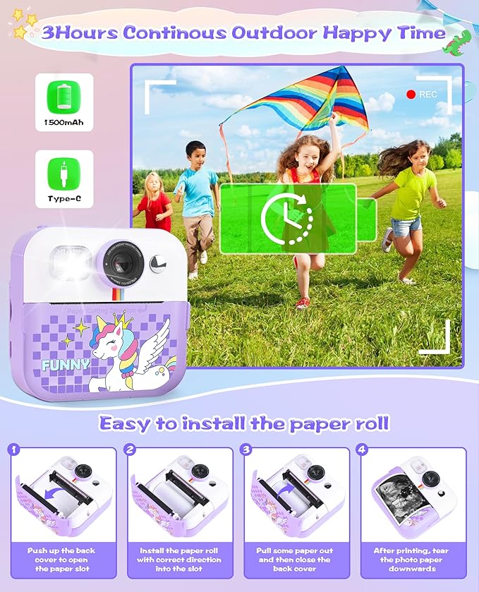 Instant Print Camera, Birthday Day Gifts for Kids Girls Boys, 1080P HD Digital Video Kids Camera, Girls Toys Age 4 5 6 7 8 9 10 Years Old with 32GB SD Card, Purple