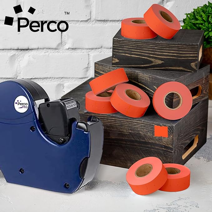 Perco 2 Line Fluorescent Red Labels - 80 Rolls, 10 Sleeves, 80,000 Blank Price and Date Gun Labels for Perco 2 Line Price and Date Guns - Made in USA