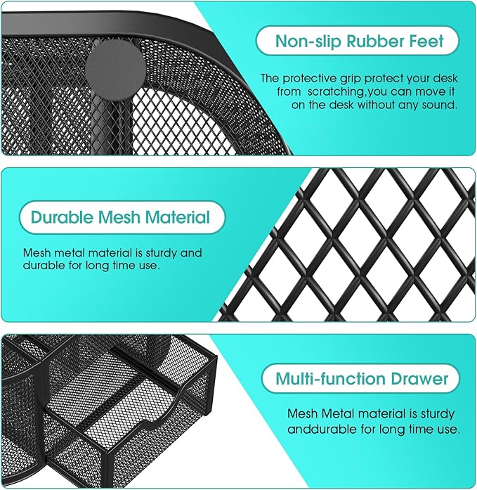 MaxGear Desk Organizer, Pencil Holder for Desk with Drawer, 9 Compartments, 8.75" x 4.5" x 4" Metal Mesh Stationary Organizer, Black Desk Caddy for Office, School & Home