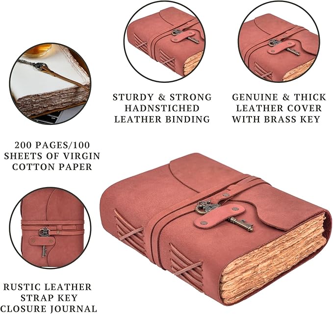 LEATHER VILLAGE Vintage Leather Journal – 200 Handmade Vintage Deckle Edge Paper – Leather bound Journal For Women Men – Vintage Key Closure - Book of Shadows - 8X6 inches (A5) - Fuchsia