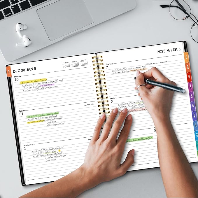 SUNEE 2025 Weekly and Monthly Planner - from January 2025 - December 2025, 8.5"x11" Daily Agenda Planner with Monthly Tab, Flexible Cover, Note Pages, Pockets, Bookmark, Spiral Binding, Black