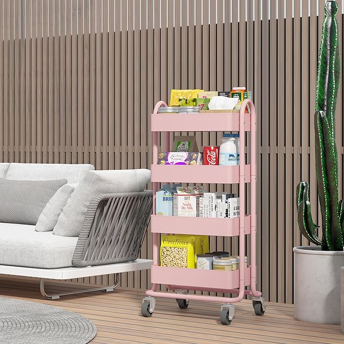 4-Tier Pink Rolling Cart,Metal Utility Rolling Cart with Handle,Multifunction Rolling Carts with Wheels,Kitchen Storage Carts Suitable for Office,Home,Kitchen,Garden๏ผ13.4"x18.1"x40"๏ผ Pink