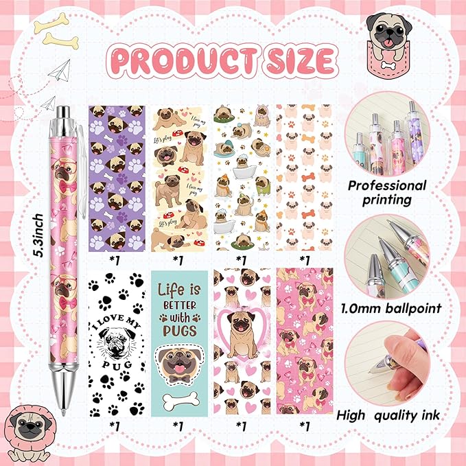 Ireer 8 Pcs Ballpoint Pens for Women 1.00 mm Cute Black Ink Fancy Pens Fine Point Smooth Writing for Journaling Aesthetic Office Supplies(Pug)