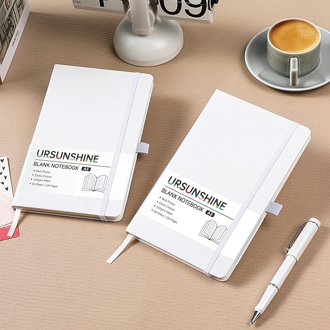 Blank Journal/Notebook - Classic Notebook/Journal with Ribbon Divider, Hardcover with Thick Paper, 5.3'' x 8.26'', Banded + Pen Holder +Inner Pocket - White